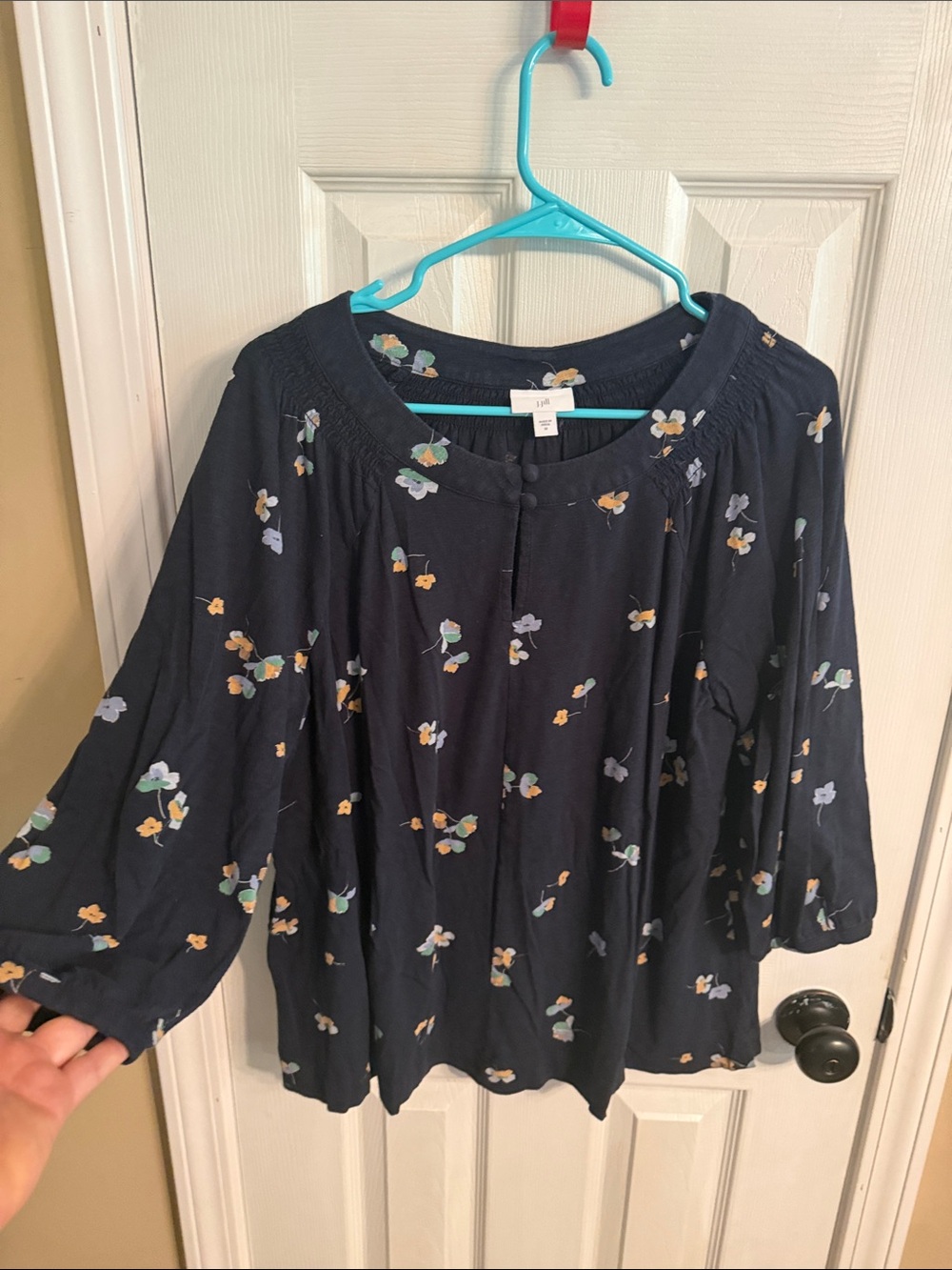 J. Jill Navy Floral Button-Front Top with Mustard Accent